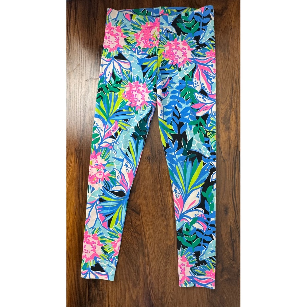 Lilly Pulitzer Girls Sea You Soon Tropical Floral Leggings Blue Pink Size L 8-10